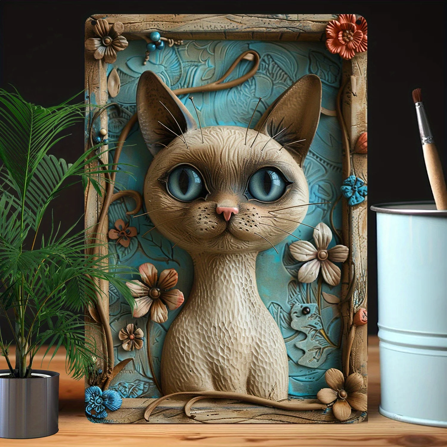 Siamese Cat Theme Metal Wall Art, Moisture Resistant Embossed Home Decor for Indoor & Outdoor Spaces, High Bend Resistance