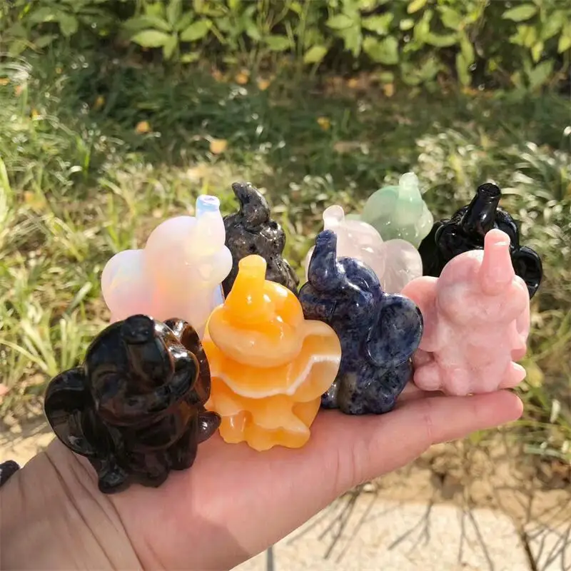 Natural Crystal Quartz Stone Elephant Carving Figurine Ornament Feng Shui Home Decor Stone Holiday Gift 1pcs
