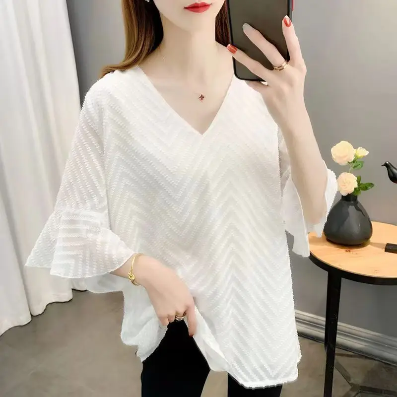 Summer Casual Women V-Neck Petal Sleeve Chiffon Shirt Sheer Loose Plus Size Top Office Lady Solid Elegant Trend All-Match Blouse