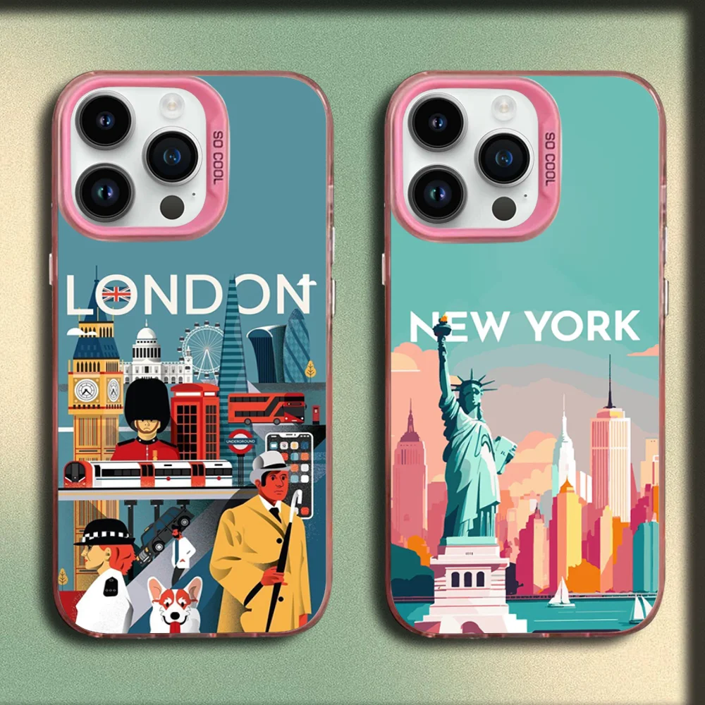 

London New York Tokyo Dubai Phone Case For iPhone 16,15,14,13,12,11,Mini,Pro,MAX Pink Matte Silicone Cover