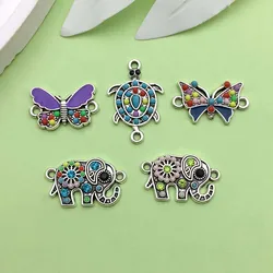 5pcs Bohemian Style Connector Charms Alloy Elephant, Butterfly, Turtle Design Pendants for DIY Jewelry Making Accessories