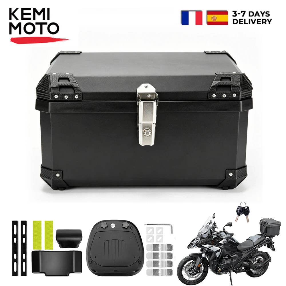 KEMIMOTO Black Travel Trunk Universal Tail Box with Soft Backrest for Motorcycle Bicycles with Brackets | ABS Plastic Lockable Storage Carrier, Waterproof Universal Mounting for Helmet Luggage (Metal