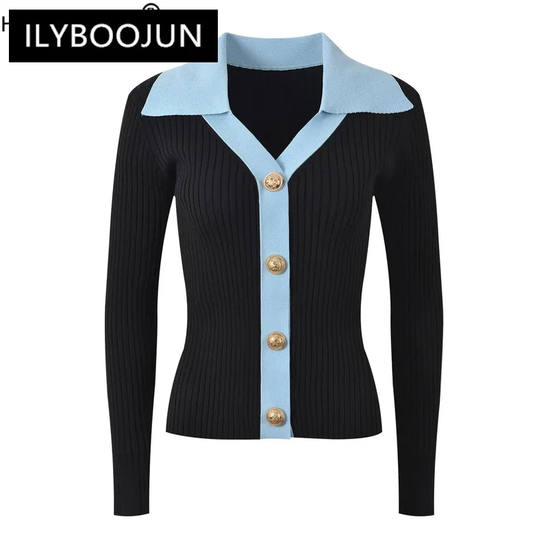 

2024 Luxury Brand Lady Style Autumn Winter Turn-down Collar Long Sleeve Single-breasted Coat Colorblock Knits Cardigan