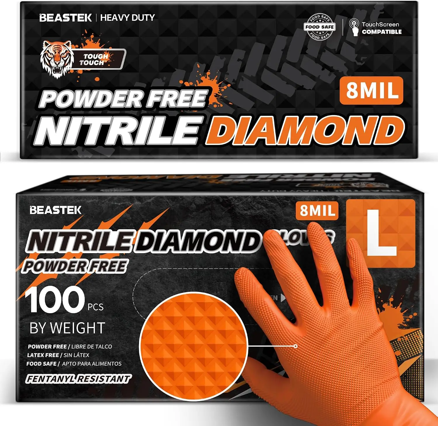 Guantes Desechables de Nitrilo, 8 Mil, Sin Látex ni Polvo, Resistentes a Químicos, Uso Pesado, Guantes para Cocina Diamond Glove, Naranja, 100 Unidades
