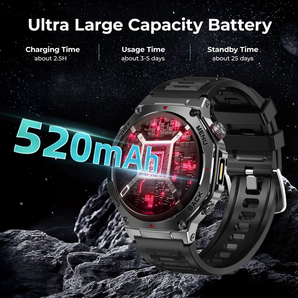 2026 New Military Smart Watch 520Mah Battery Fitness Tracking 3ATM Waterproof Tactics Sport Flashlight call Bracelet For Men