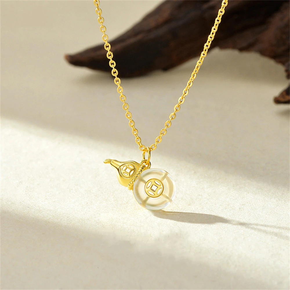 

S925 Sterling Silver Gourd Natural Chalcedony Necklace Peace Buckle Copper Coin Pendant Women's Accessory