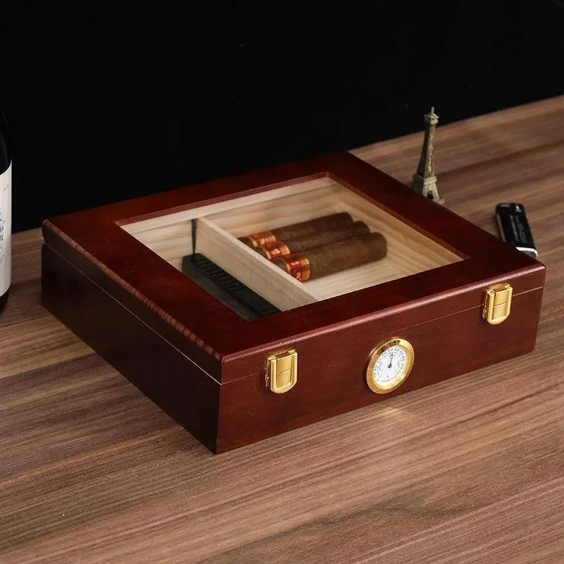Gabinete humidificador de cigarros pequeño personalizable con estantes de cedro español y exhibición de humedad