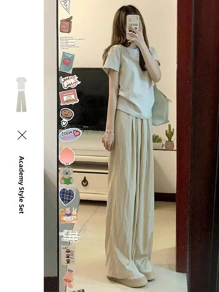 

Summer Casual Pants Set Short Top Wide Leg Pants Women's Ensemble Lazy Style Fashionable Two-Piece Suit round Neck Short Sleeve