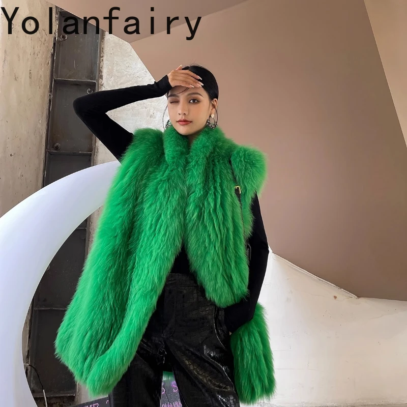 YOLANFAIRY fall and winter Imported fox fur woven fur coat Lapel sleeveless high street style fur vest шуба женская 2025