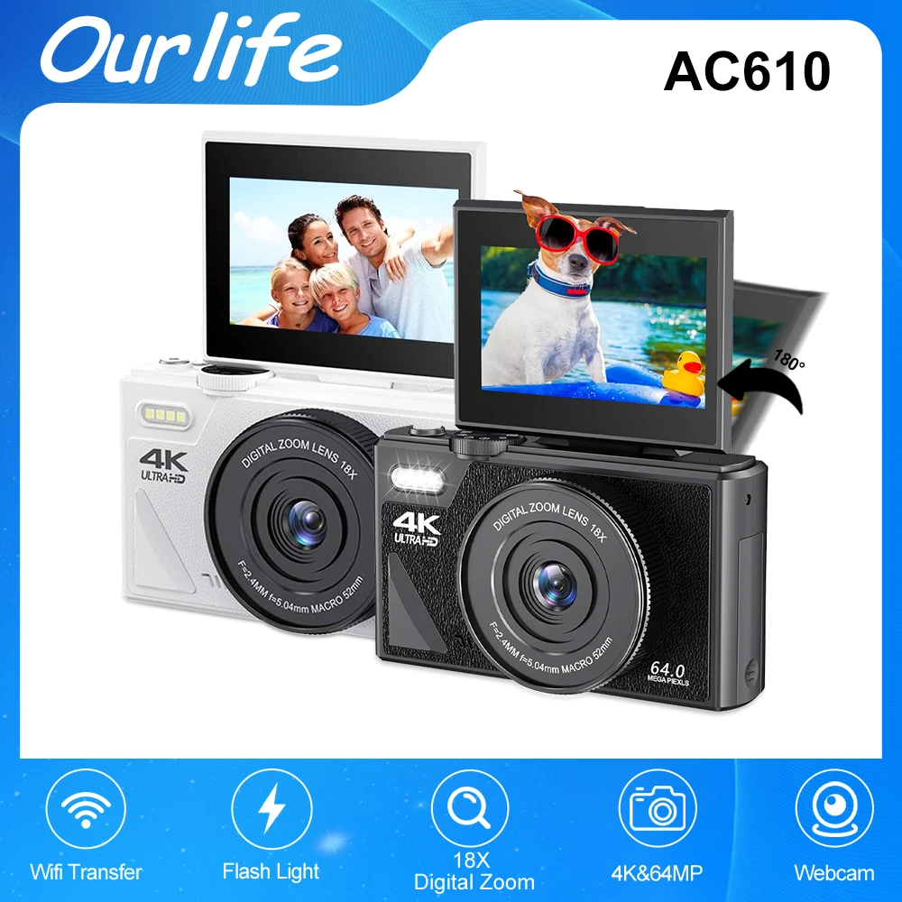 4K Compact Digital Camera 18X Digital Zoom Vintage Vlog Video Recorder 180° Flip 3'' Screen Selfile WiFi Web Cam for Photography