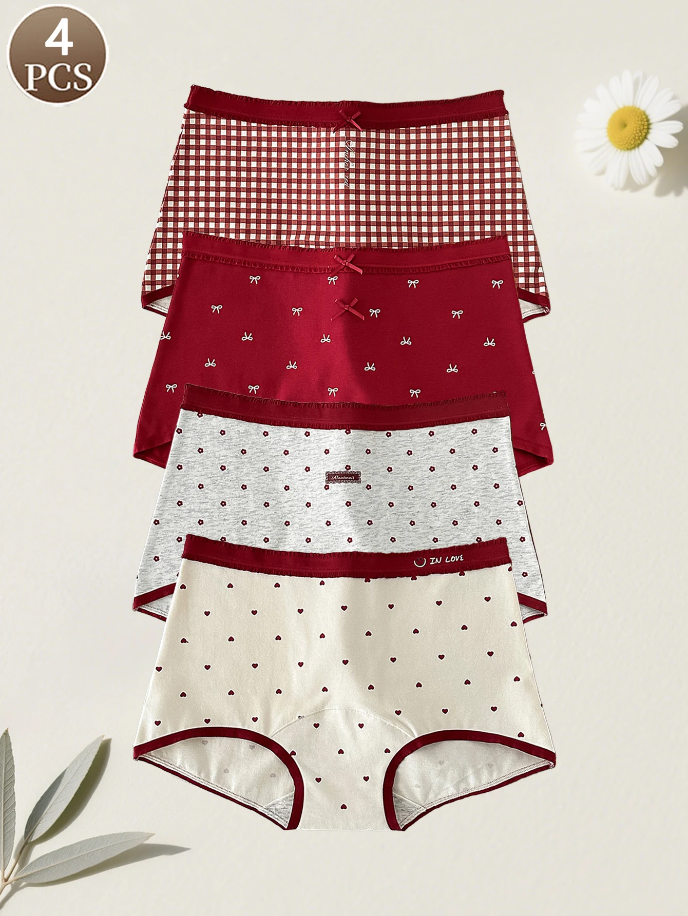 4PCS women's panties heart floral print bow cute and pretty underwear cotton comfortable mid waist casual women's boxer briefs