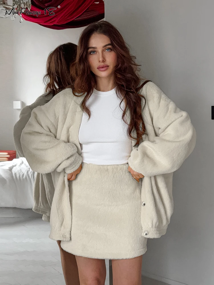 Mnealways18 Polar Fleece Skirts Outfits Two Pieces Warm Cardigan Sweater And Mini Skirt Autumn Winter Elegant Women Outfits 2024