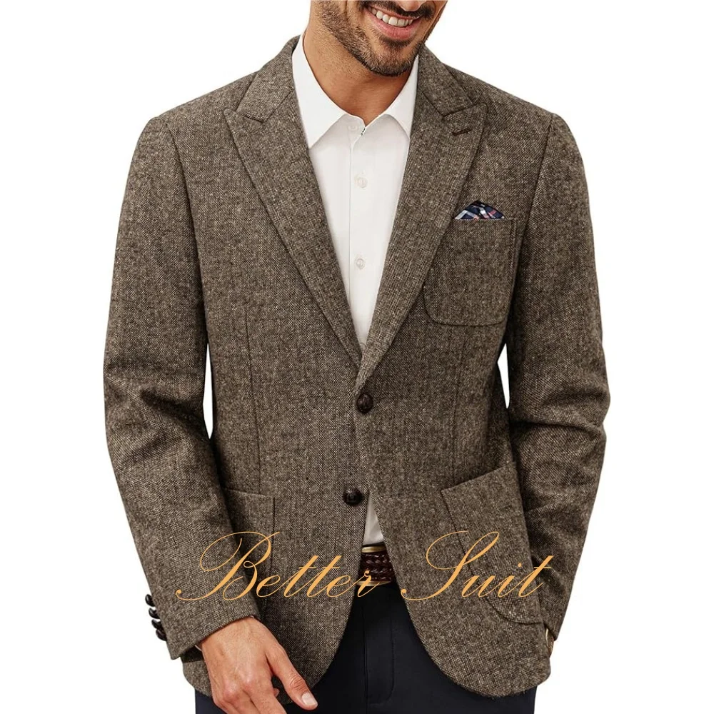 Men's Tweed Blazer Wool Sport Coat Two Button Peak Lapel Jacket Formal Vintage Suit Jackets