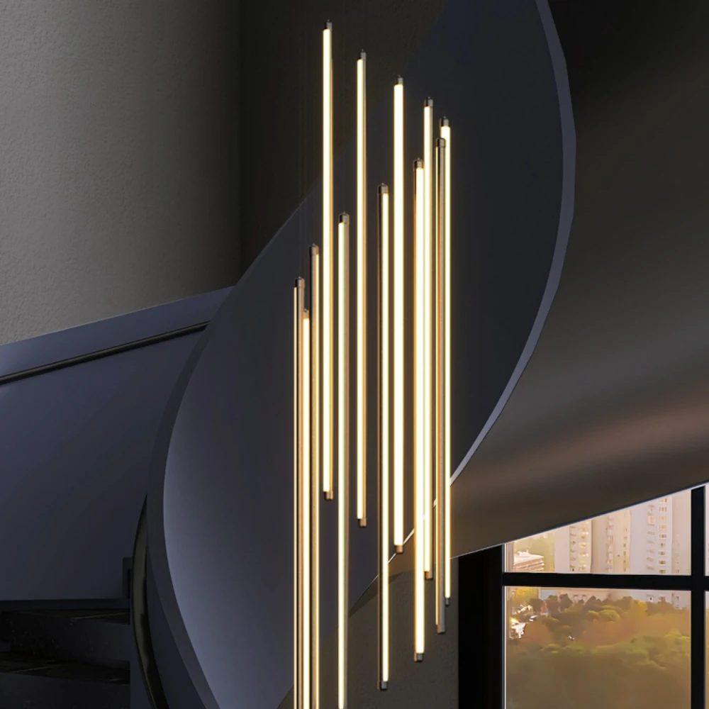 

New Black Stair Chandelier Modern Design Duplex Building High-rise Empty Living Room Hall Home Long LED Hanging Light Lustre