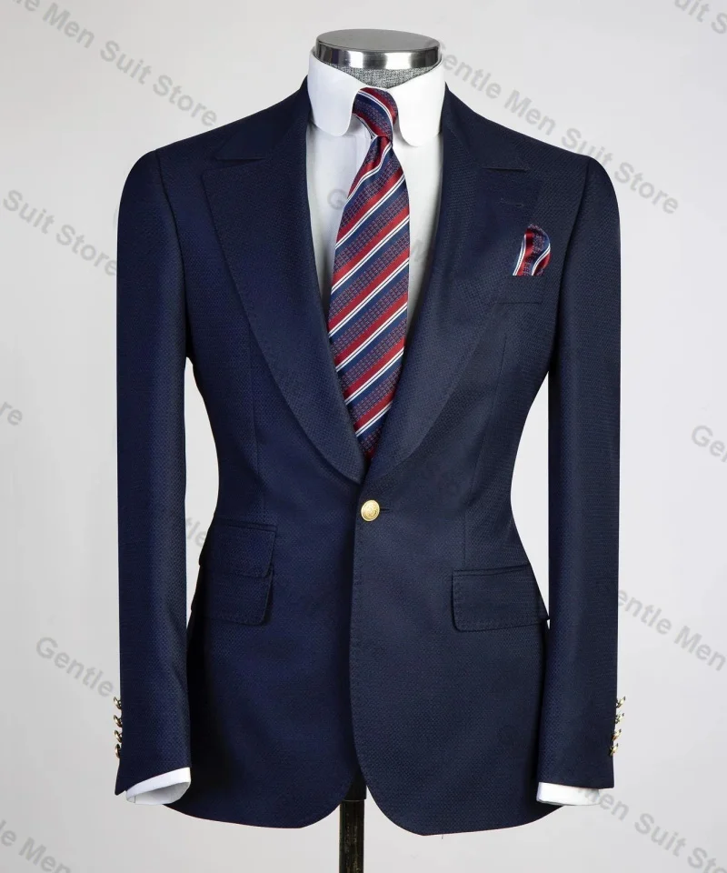 Navy Blue Men Suits Set 3 Piece Blazer+Pant+Vest Formal Cotton Office Male Prom Groom Wedding Tuxedo Coat Tailored Jacket