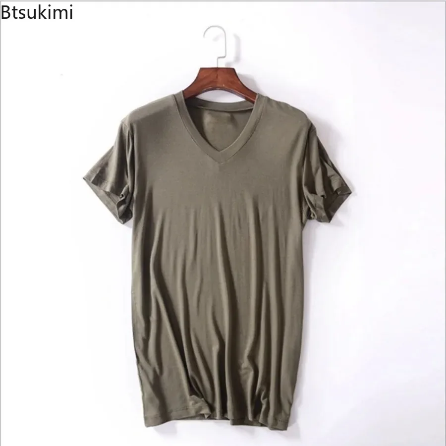الرجال الصيف مشروط القطن الصلبة تي شيرت غير رسمي مريحة لينة قصيرة الأكمام بلوزات على شكل حرف v الرجال فضفاض قاع القمصان ملابس المنزل #3
