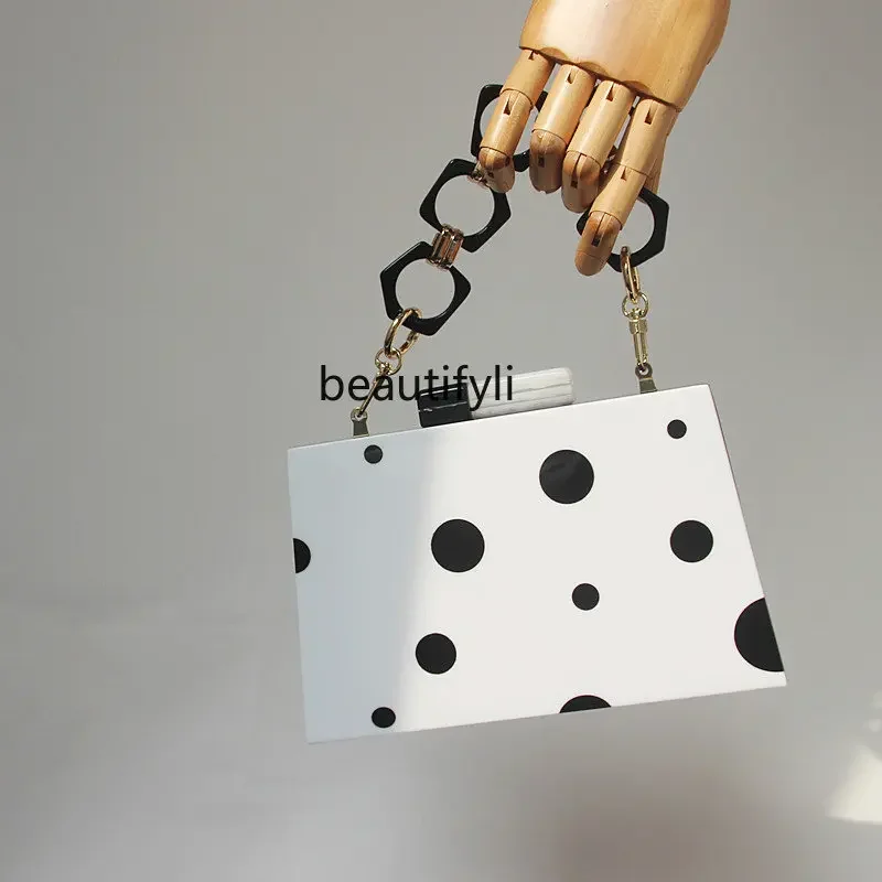 

yj Simple Black and White All-Match Handbag Acrylic Contrast Color Polka Dot Stitching Dinner Hand Bag