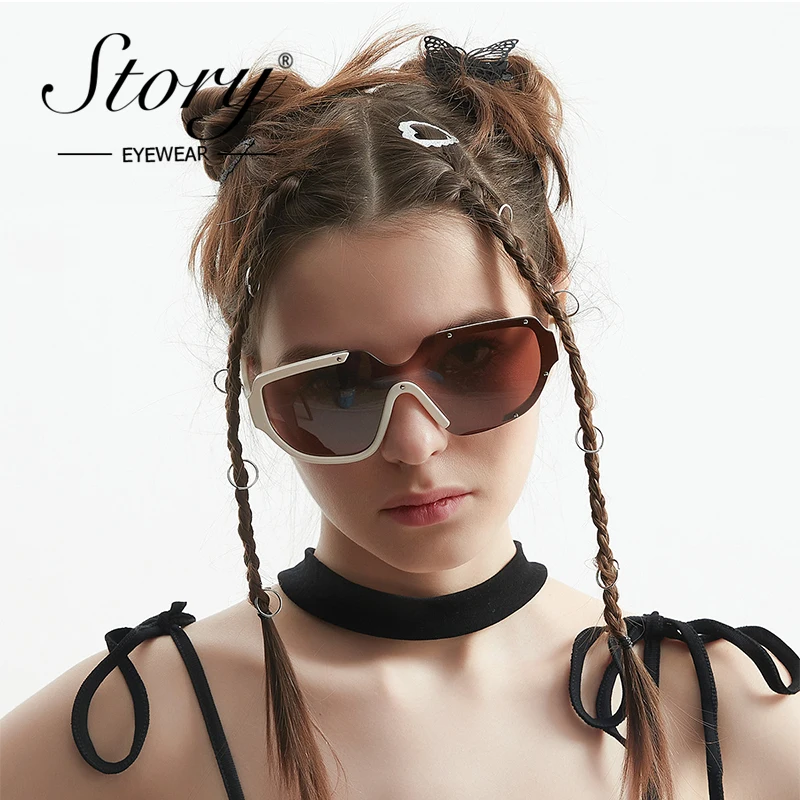 

STORY Fashion Rivet One Piece Sunglasses Women Men 2022 New Trendy Futuristic 90s Oversized Green Siamese Sun Glasses S77265H