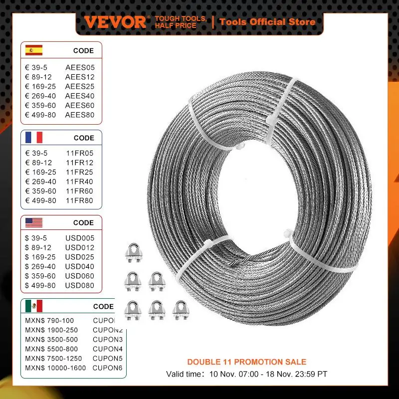 VEVOR-Cable de acero galvanizado para construcción, Cable de avión de 1/8 pulgadas, 500 pies, 7x7, con abrazaderas