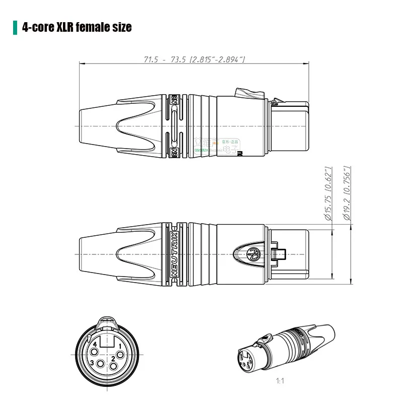 XLR 4-polige Stecker- und Buchsenanschlüsse Neutrik NC4MXX mit Farbring und Schwanzhülse zur Kodierungserkennung, symmetrischer XLR-Stecker – Detail 13
