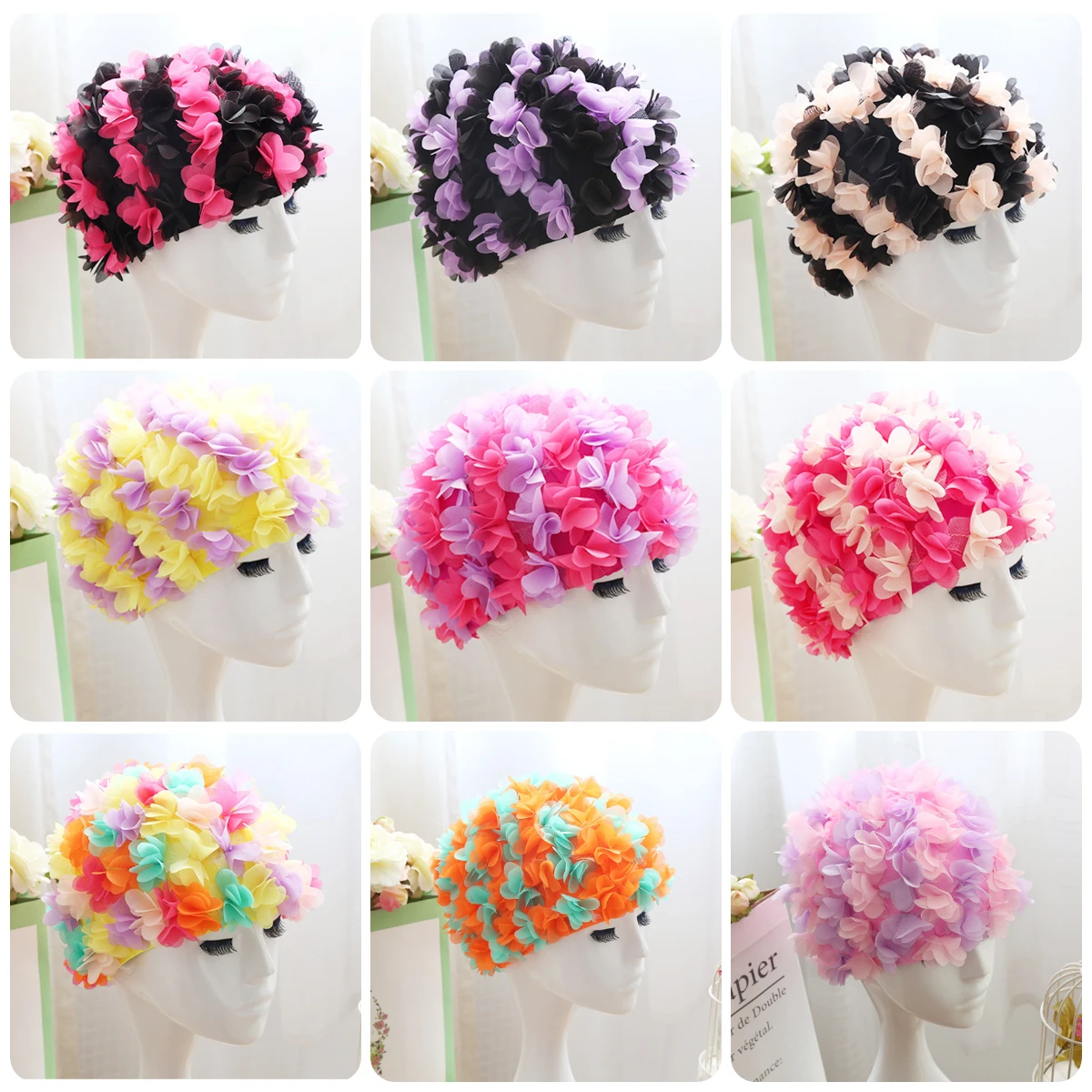 Women 3D Flowers Design Bath Cap Waterproof Elastic Soft Bath Shampoo Hat for Ladies Diving Swimming Beach Cap Bathroom Supplies