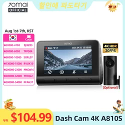 70mai Dash Cam 4K A810S HDR IMX678 Supercapacitor 4G LTE Remote Control Wi-Fi 6 Voice Control GPS ADAS Car Camera 70mai A810S