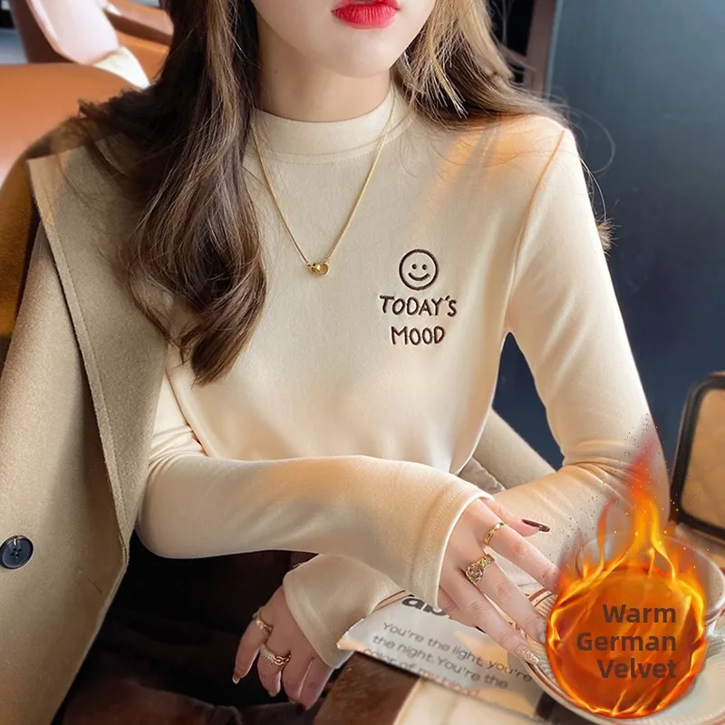 Double-Sided Embroidered Smile Face Thermal Long Sleeve T-Shirt Women's Base Layer Shirt Guangzhou Thirteenth Factory Velvet