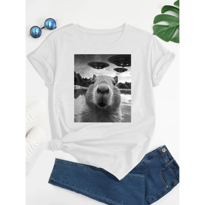 

Capybara Print Cotton T-Shirt Casual Short Sleeve Fashion T-Shirt for Spring & Summer Crew Neck Breathable Women's Clothing