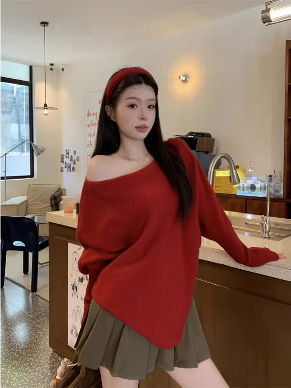 

Ele Vintage oulder-Bared Cowl Ne Knitwear Women's Spring Autumn Faion Asymmetrical Hem Sweater Loose Batwing Sve