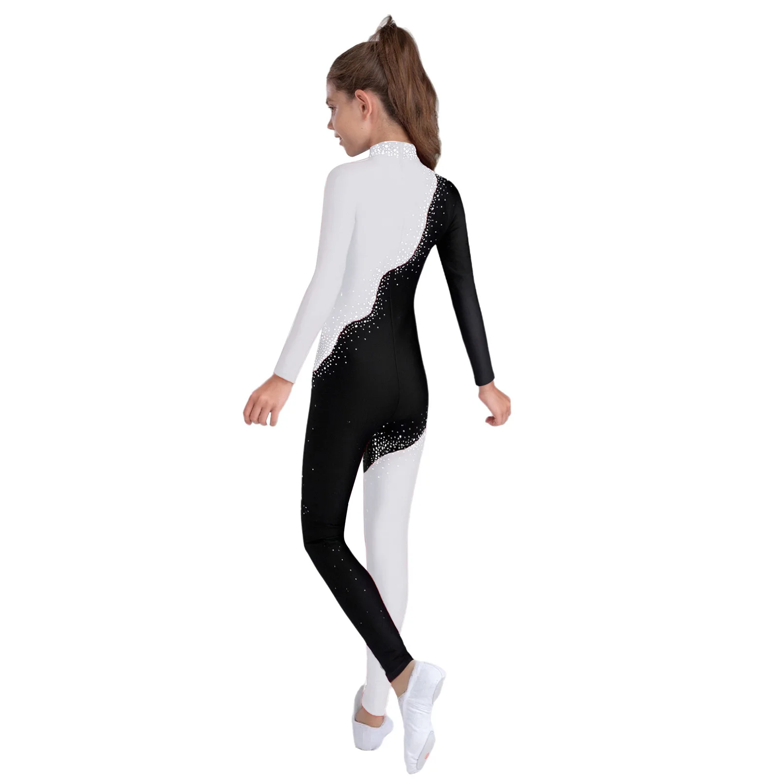 Girls Ballet Dance Gymnastics Leotard Long Sleeve Shiny Rhinestone Zipper Jumpsuit Figure Skating Acrobatics Performance Costume