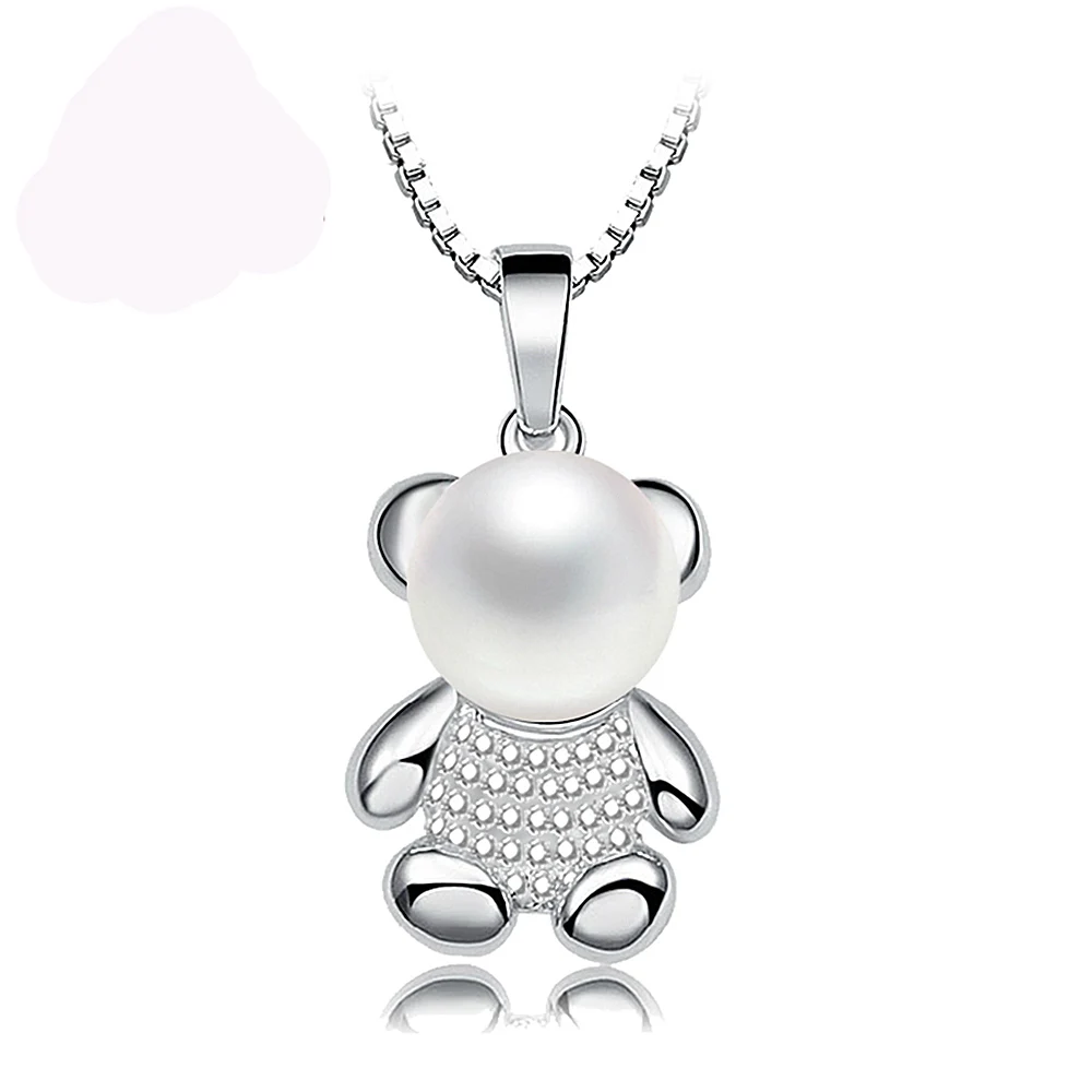 

Cute Bear Charm Necklace 925 Sterling Silver with Freshwater Pearl Dainty Animal Jewelry Gift for Her