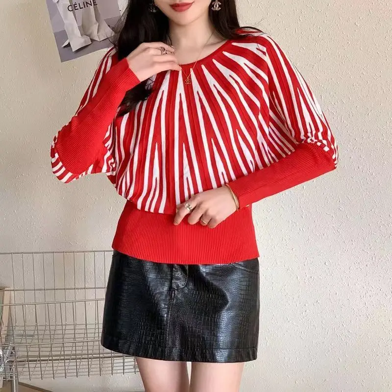 الاتجاه مخطط التباين محبوك البلوفرات الخريف جديد طويل الأكمام س الرقبة فضفاضة Vintage البلوزات قمة الموضة ملابس النساء الأنيقة