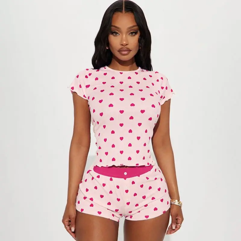 

Women's Heart Print Loungewear Set - Short Sleeve Crop Top & Button Shorts Ruffled Edge Casual Summer Pajamas (Pink)