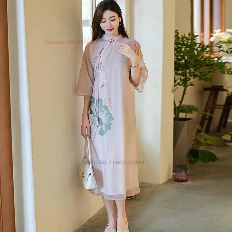 

2024 chinese vintage dress qipao national flower print chiffon cheongsam improved qipao dress traditional banquet evening dress