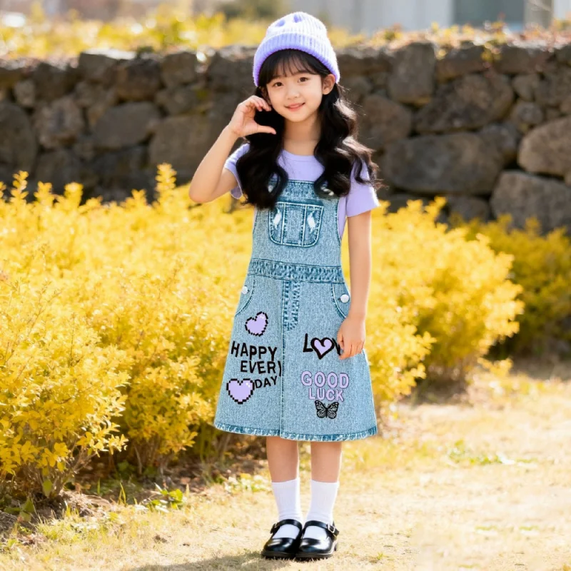 2025New style girls' faux denim two-piece dress