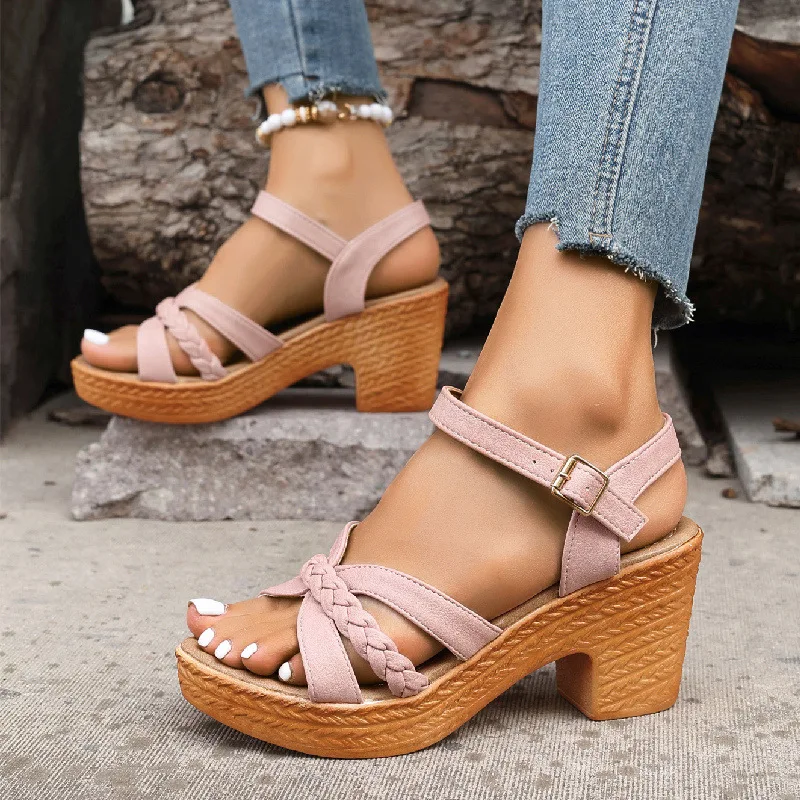 

Round head open toe thick heel sandals women 2025 summer new foreign trade large size one line buckle high heel fashion sandals