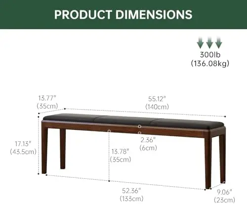55.1'' Leather Upholstered Dining Bench with 100% Solid Oak Wood Bench Frame, 13.8'' Widened Padded Bed End Bench