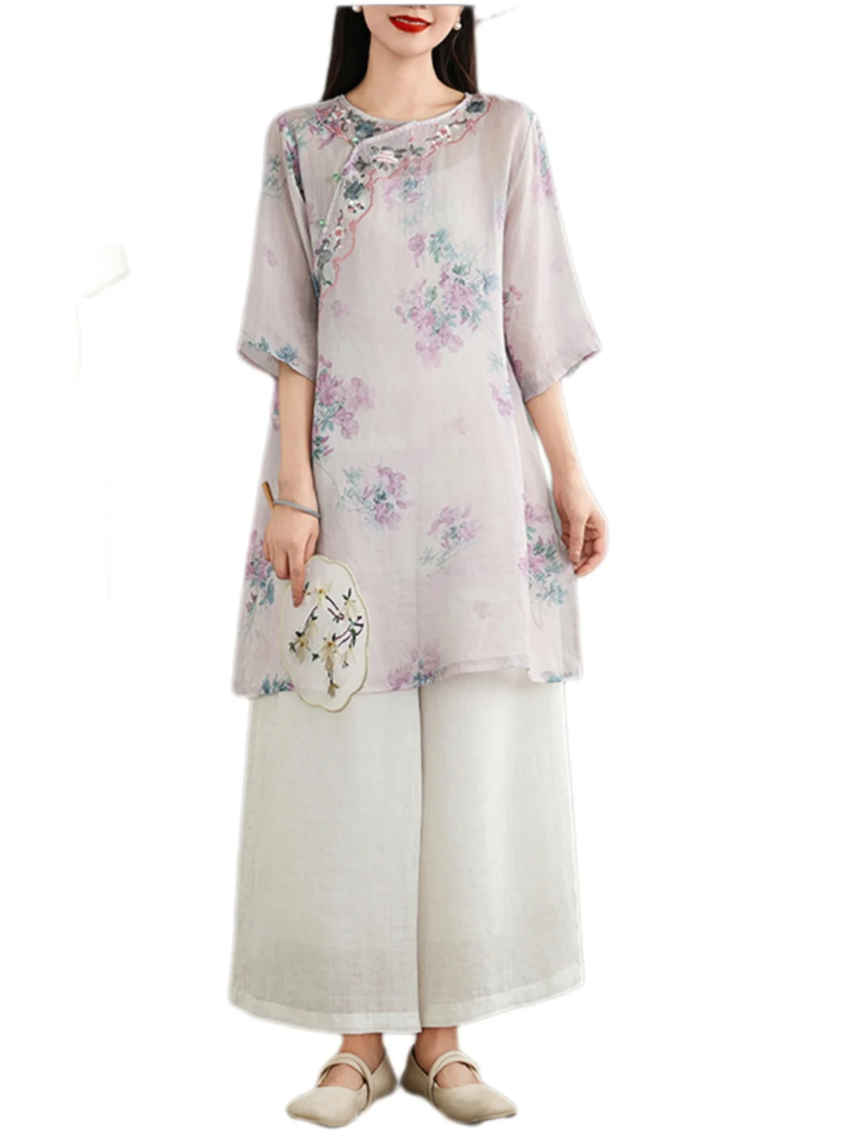 Retro haftowany nadruk, bawełna i len, rękaw 3/4, damska letnia nowość, chiński styl, narodowy trend, zapinana na guziki.