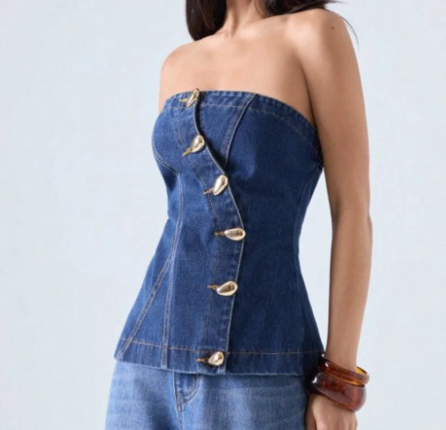 Spicy Girl Backless Denim Strapless 2026 Summer New Fashion Waist Cinching Short Sleeveless Chest Wrapped Top