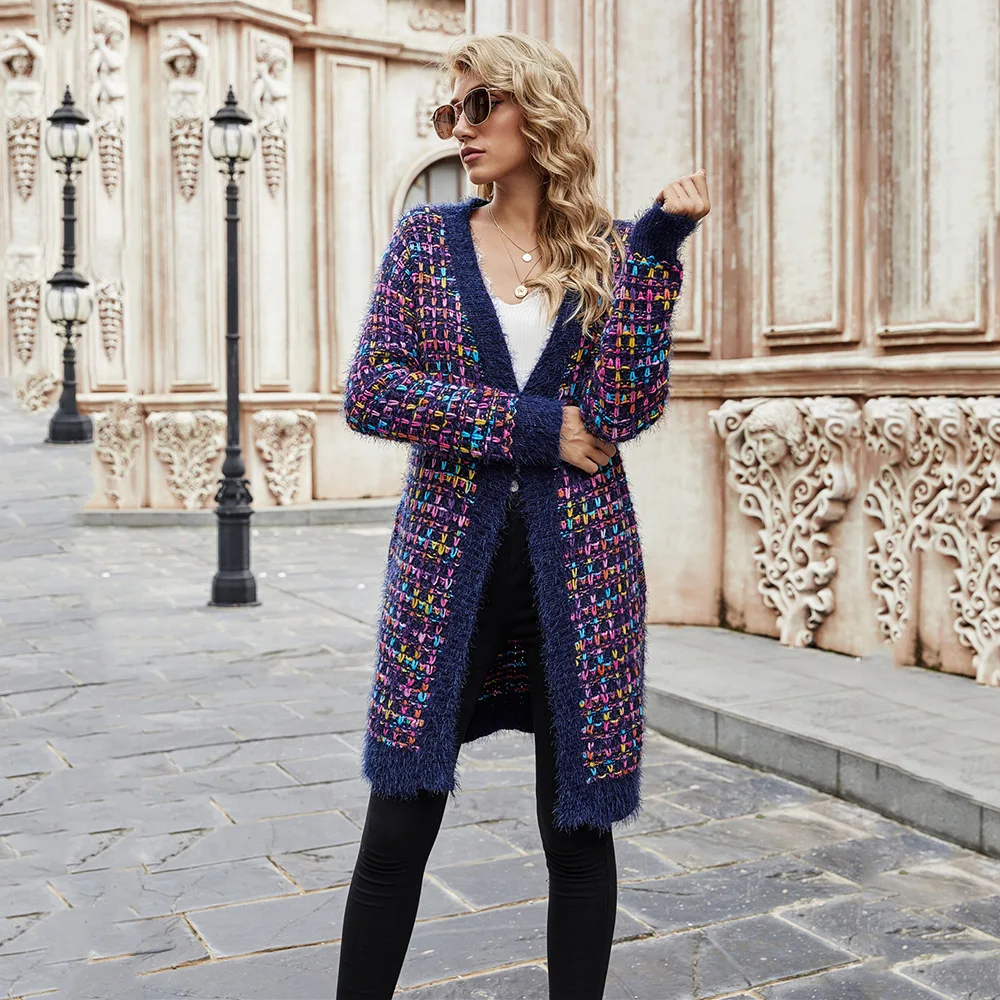 Strick pullover Frauen Strickjacke mittellange Mäntel Plaid Print Mantel voller Ärmel elegante Spleiß Herbst Winter offener Stich