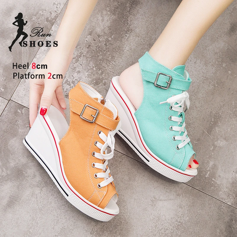 8CM Casual Canvas Shoes 2024 Spring Summer Sexy Peep Toe Hollow Women Shoes Breathable High-top Outdoor Platform Chaussure Femme