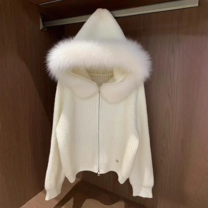 مقنعين انفصال كبير أفخم طوق سترة الخريف الشتاء طويلة الأكمام محبوك رقيق سترة المرأة الجديدة سستة سترة