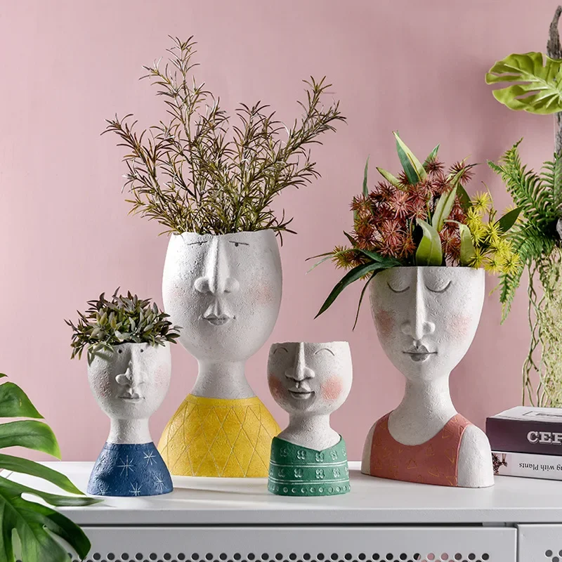 Art Portrait Flower Pot Vase Sculpture Resin Human Face Family Flower Pot Handmade Garden Storage Flower Arrangement Home Decors