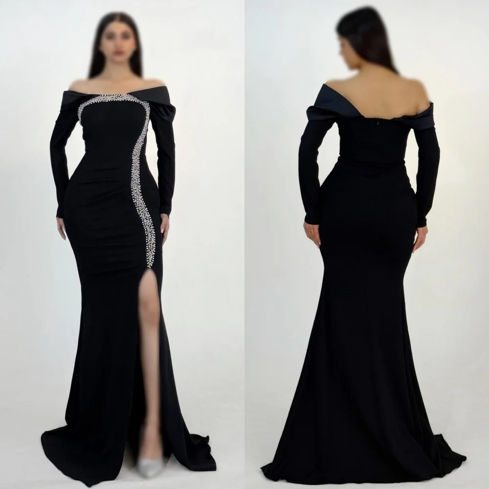 

Customized High Quality Formal Jersey Rhinestone Ruched Mermaid Off-the-shoulder Long Dresses Bespoke Occasion Dresses Fashion
