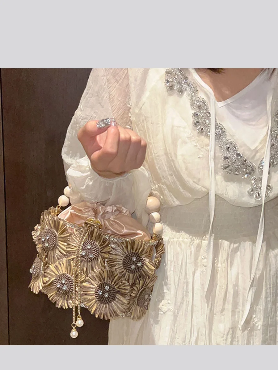 UGALS Beach Vacation Sunflower Basket Bucket Party Wedding Shiny Diamond Handheld Crossbody Bag Elegant Lady Sweet Style