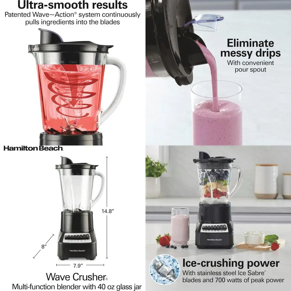 

Стеклянный блендер на 40 унций с 14 функциями, лезвиями для измельчения льда, мощностью 700 Вт для приготовления смузи - черный и нержавеющая сталь