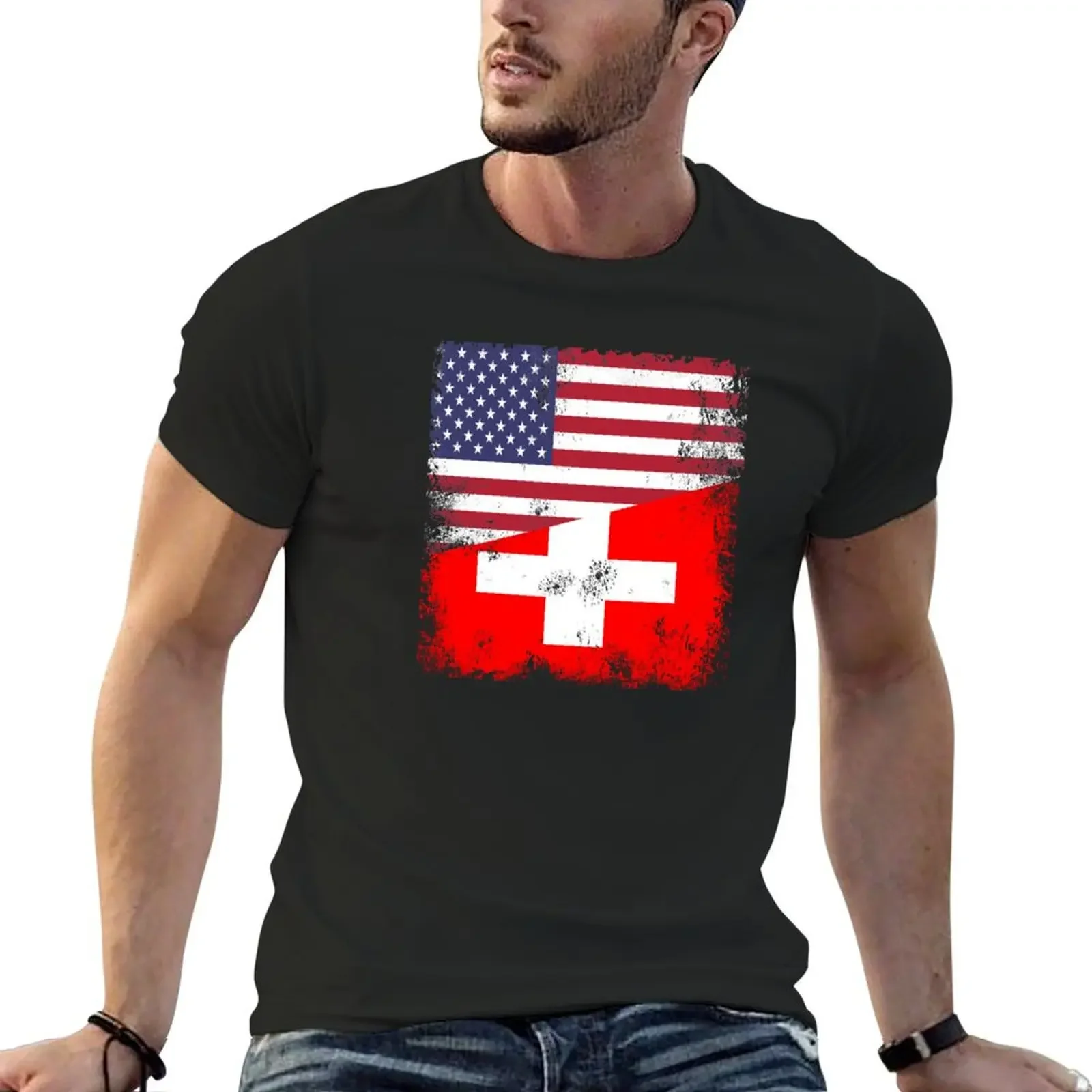 Half Swiss Flag Design | Vintage Switzerland USA Gift T-Shirt shirts graphic tees summer top custom shirt Men's cotton t-shirt