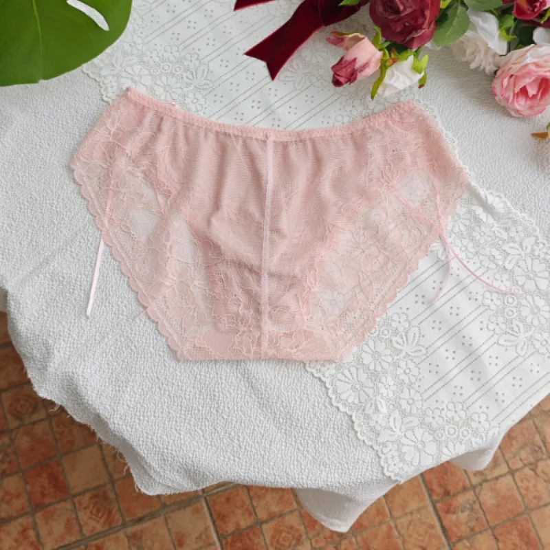 Men's Convex Pouch Underwear Panty Sexy transparent Lace Bow Cross-dressing Panties  Sweet Soft Low Waist Briefs