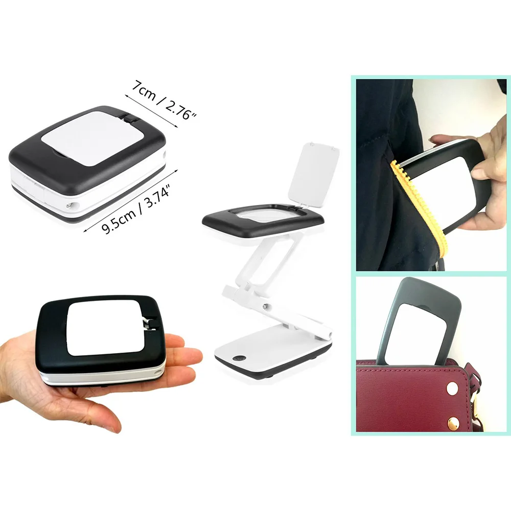 Lighted Desk Magnifying Glass Lamp with Light on Stand Led Portable Pocket Magnifier Visor Folding 3X for Reading, Hobby