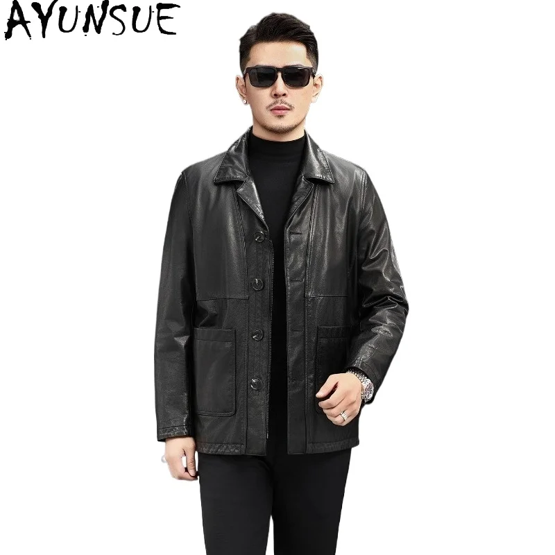 AYUNSUE 2026 Autumn Winter First Layer Cowhide Genuine Leather Jacket Men Mid-length Cargo Style Real Leather Trench Coat Trend